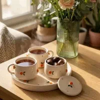 ست سرامیکی دست‌ساز طرح پرتقال و گیلاس برجسته