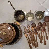 قابله،شیر جوش،لیوان،قاشق چنگال و کفگیر و ملاقه مسی