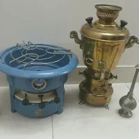 سماور قدیمی.چراغ سه فتیله.گلاب پاش .گلدان قلم زنی