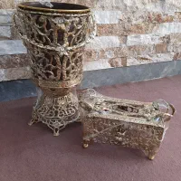 ست سطل برنز و جا دستمال برنجی ابکاری طلا نو