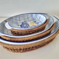 ظرف سرو مدل چینی و حصیری گل‌پنبه‌ای مجموعه ۳ عددی