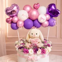 باکس سوپرایزی گل طبیعی و عروسک و بادکنک