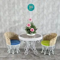 میز و صندلی ناهارخوری دونفره حصیری فلزی