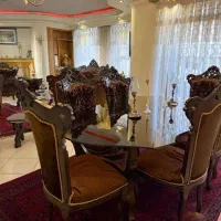میز غذا خوری ۸ نفره با ۶ صندلی چوبی مبلی
