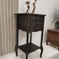 میز تلفن کشو دار چوبی روکش چرم گلدار