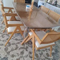 میز غذا خوری حصیری چوب راش صفحه روکش بلوت