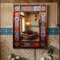آینه دیواری دستساز چوب و کاشی