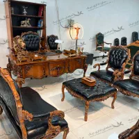 کتابخانه مدل خم همراه مبلمان اداری پر گل و منبت