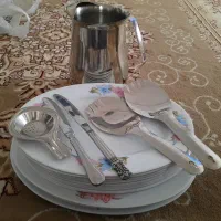 دیس ملامین و پارچ استیل و سفره و نمکپاش و دم کنی