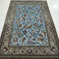 قالیچه زیبای قم کف آبی طرح شکارگاه و چندمورد
