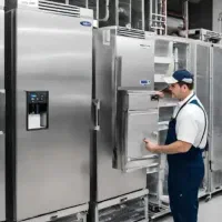 کارگر و همکار در خط تولید یخچال (شارژ کولر یخچال)
