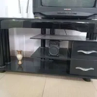 میز تلویزیون شیشه ای دو کشو