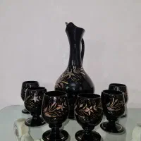 ست جام و تنگ بلور مشکی طلاکوب