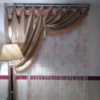 ست ۳ تکه پرده و یک پرده بنفش و ریش پشت پرده