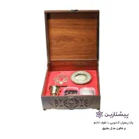 پک زعفران هل گل محمدی هاون جعبه چوبی ملامینه زمرد